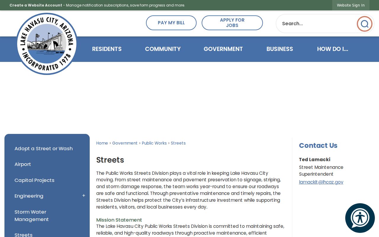 Lake Havasu City street directory official streets page